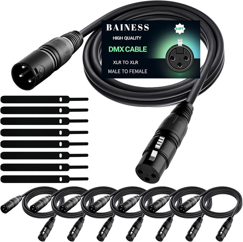 BAINESS 6.5ft Flexible DMX Cable 3 Pin Signal XLR Male to Female DMX Cables Wire for Stage Lighting, DJ Lights, Moving Head & Par LED Fixtures, Black, 8 Pack - Image 1